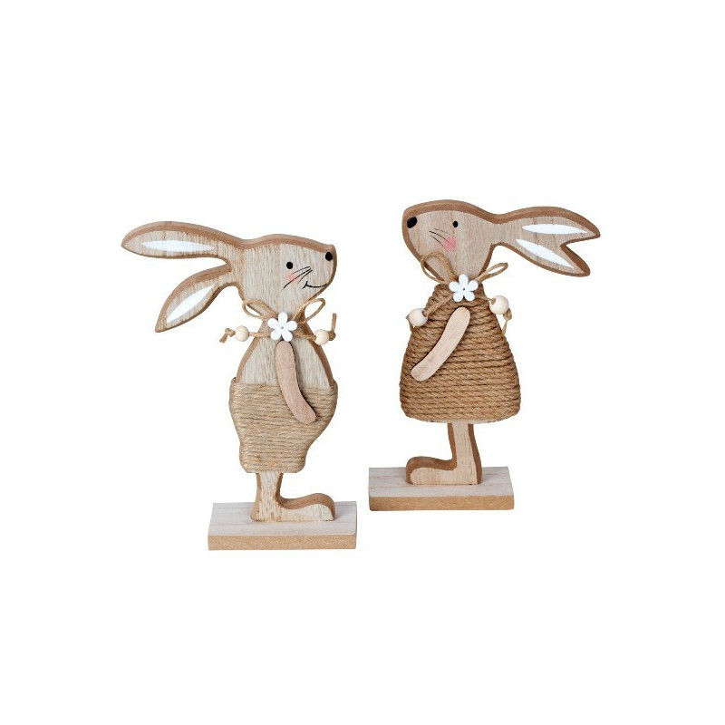 Lot de 12 lapins en bois 18cm, 2 modèles assortis