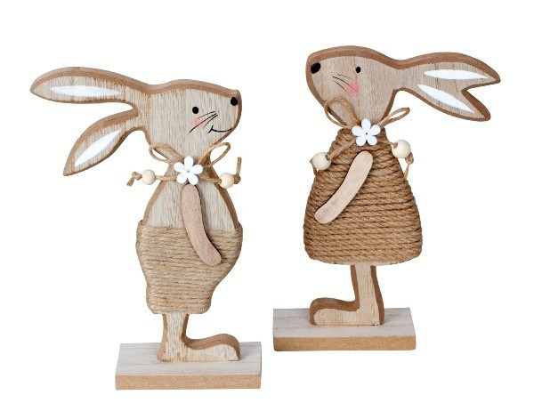 Lot de 12 lapins en bois 18cm, 2 modèles assortis